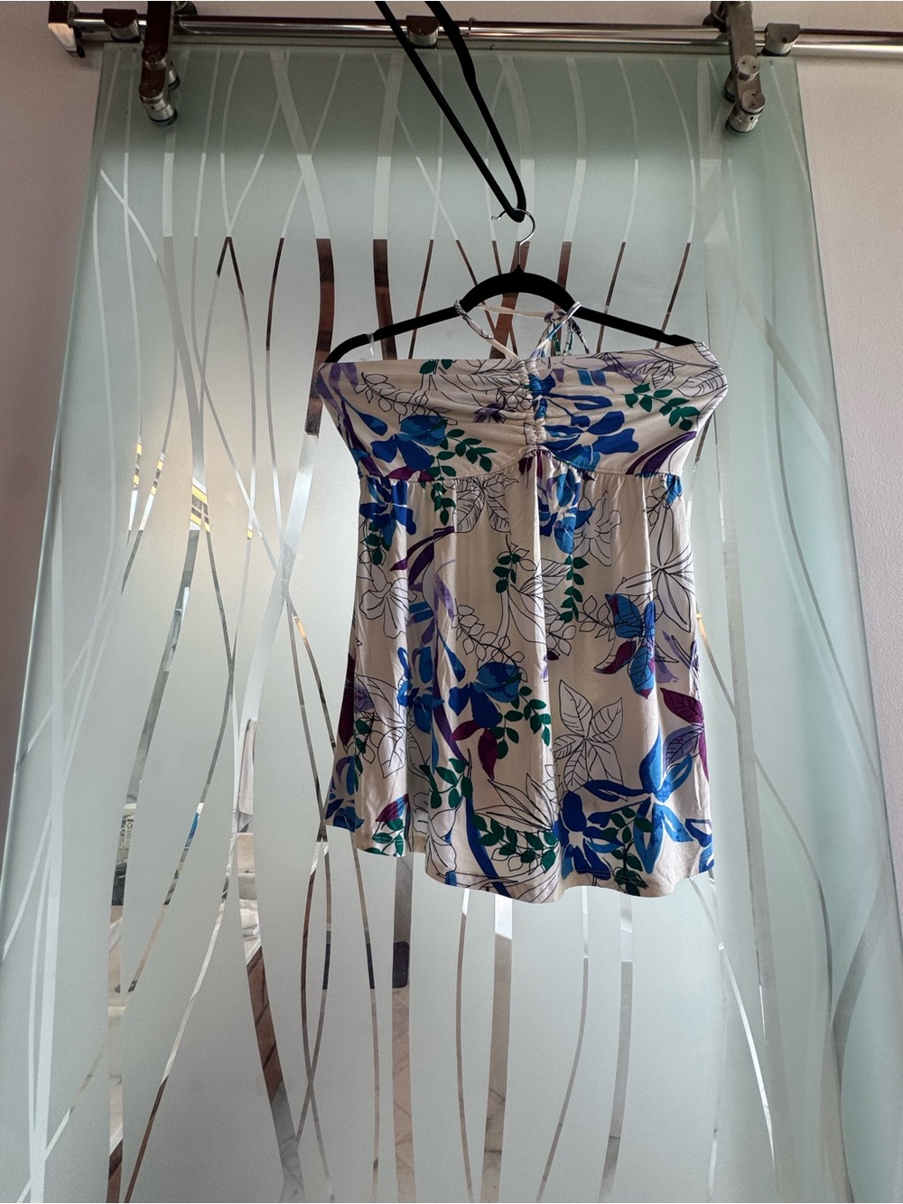 Strapless Floral Tube Top in Cream with Blue & Green Print